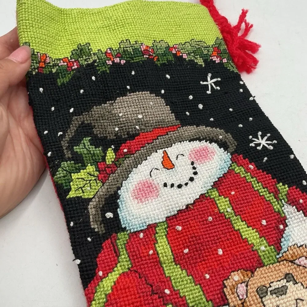Handmade Needlepoint Christmas Stocking Snowman Teddy Bear 15” Red Felt Back